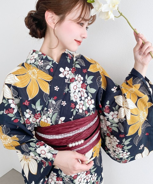 浴衣　ゆかた　ユカタ　サイズM クロ✖️ネイビー　花柄　浴衣単品 moment+ 浴衣 浴衣3点セット（ゆかた＋帯2本） レディース : ZOZOTOWN
