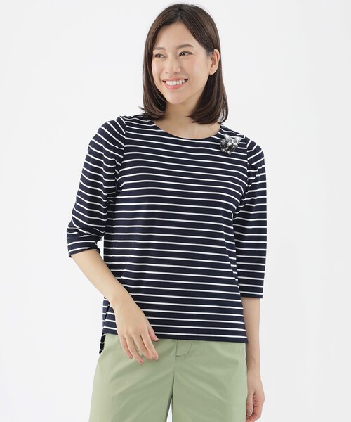 tシャツ 「ウォッシャブル」ジャカードボーダープルオーバーカットソー レディース