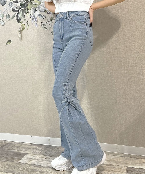 リボン付きダークブルーデニムフレアパンツ Dark Angel デニム デニムパンツ レディース リボン ストレート