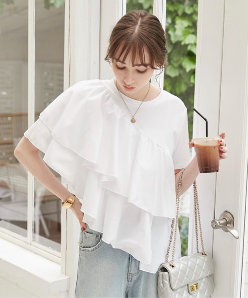 ANGIE tシャツ アシンメトリー フリルTEE レディース : ZOZOTOWN