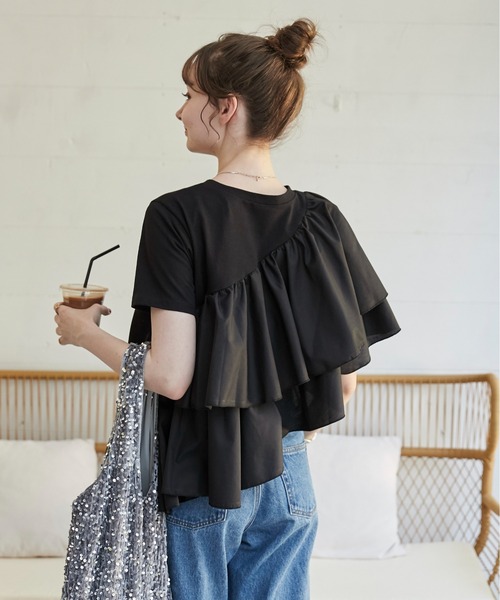 tシャツ アシンメトリー シフォンフリル ドッキングデザインTOPS レディース アシンメトリーフリルドッキングTシャツ | ur's（ユアーズ）