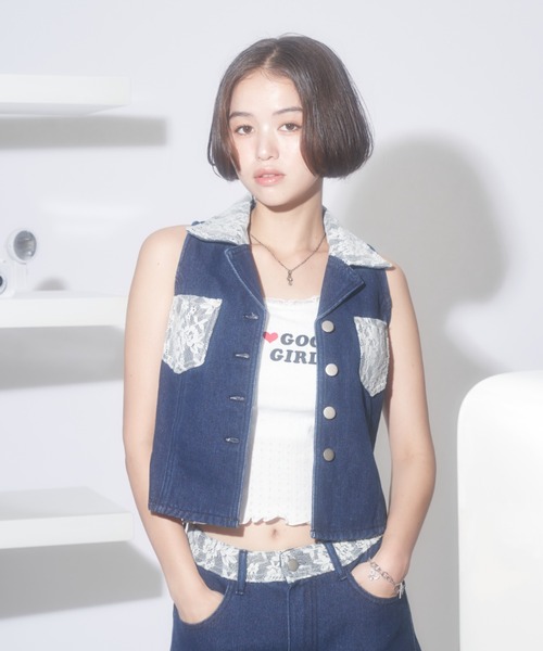 ベスト ジレ レースデニムベスト レディース