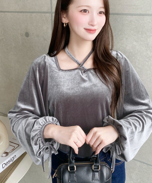 moment+ tシャツ ボリュームスリーブスクエアホルターネックシャイニー