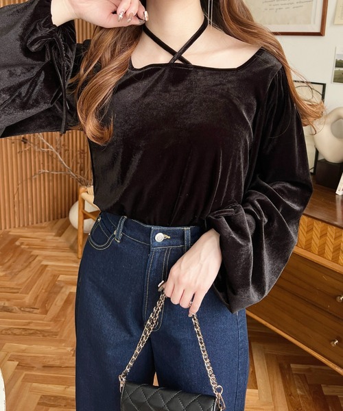 moment+ tシャツ シャイニーベロアスクエアホルターボリュームスリーブ  