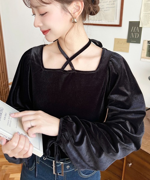 moment+ tシャツ ボリュームスリーブスクエアホルターネックシャイニー