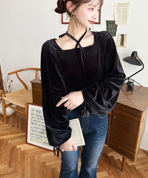 moment+ tシャツ ボリュームスリーブスクエアホルターネックシャイニー