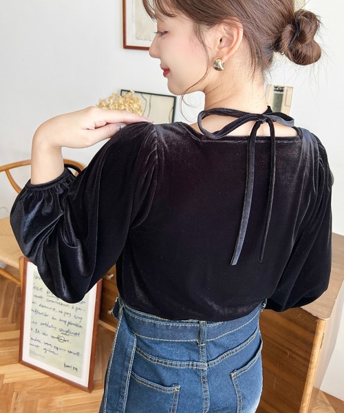 moment+ tシャツ ボリュームスリーブスクエアホルターネックシャイニー