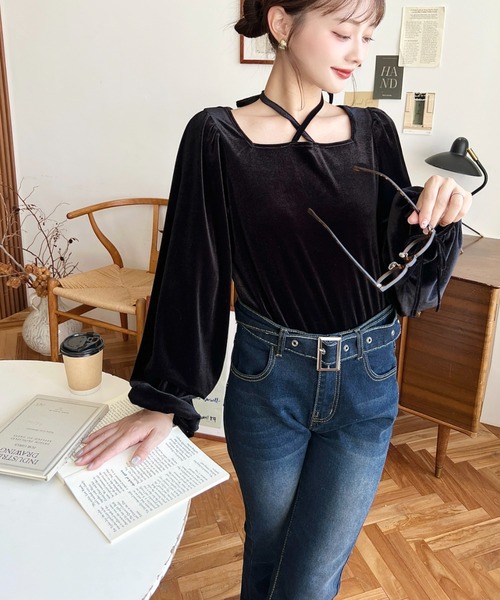 moment+ tシャツ ボリュームスリーブスクエアホルターネックシャイニー