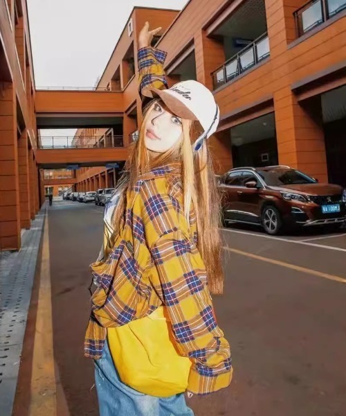 ブラウス シャツ パイピングデザインチェック柄シャツ レディース メンズ Girly Doll ブラウス シャツ オーバーサイズチェック柄シャツ