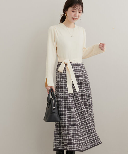 natural couture ワンピース チェック柄ドッキングニットワンピース