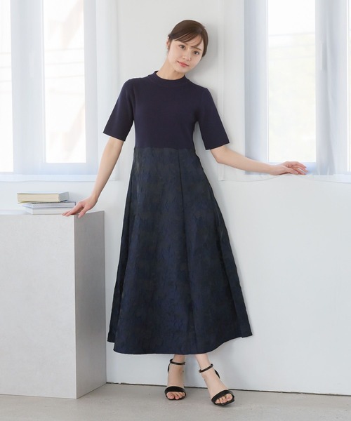 Andemiu ワンピース ニット×ジャガードドッキングワンピース