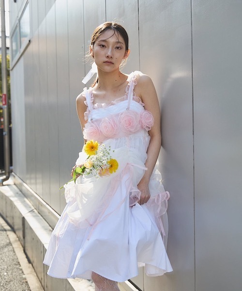 Pain ドレス オーガンジーバイカラーフリルシャツロングドレス