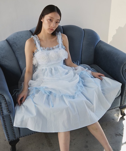 Pain ドレス オーガンジーバイカラーフリルシャツロングドレス