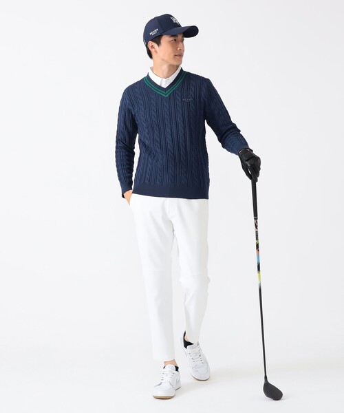 サイズ：XL BEAMS GOLF ビームスゴルフ パープルレーベル Vネック ニットセーター ケーブル編み  ブラック系 [240101495449] ゴルフウェア メンズ ストスト BEAMS GOLF セーター ニット PURPLE LABEL / ケーブル編