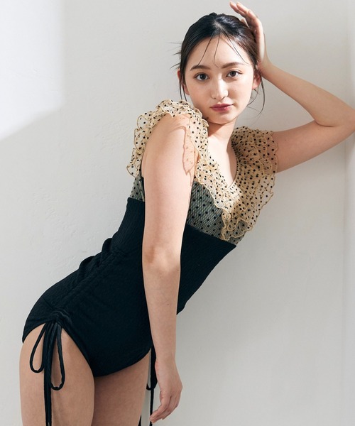 水着 「swimwear/体型カバー」ドットチュールワンピーススイムウェア