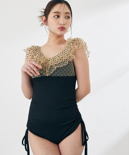 水着 「swimwear/体型カバー」ドットチュールワンピーススイムウェア