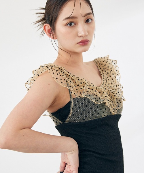 水着 「swimwear/体型カバー」ドットチュールワンピーススイムウェア