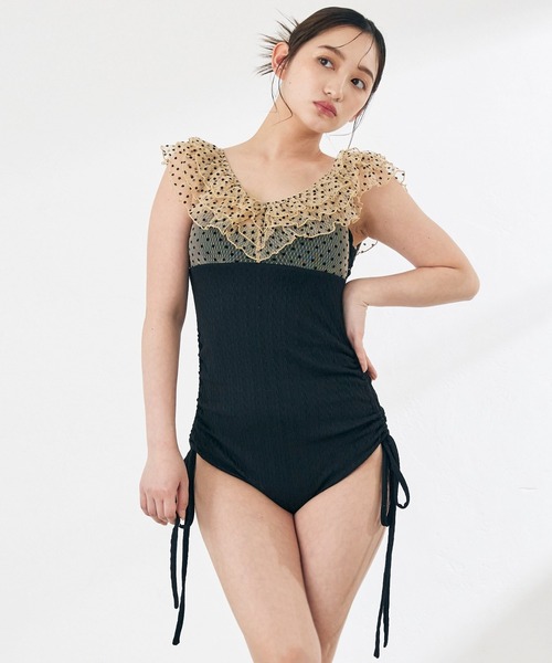 水着 「swimwear/体型カバー」ドットチュールワンピーススイムウェア