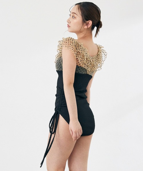 水着 「swimwear/体型カバー」ドットチュールワンピーススイムウェア