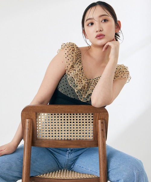 水着 「swimwear/体型カバー」ドットチュールワンピーススイムウェア