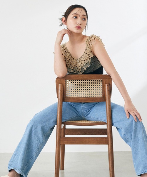 水着 「swimwear/体型カバー」ドットチュールワンピーススイムウェア