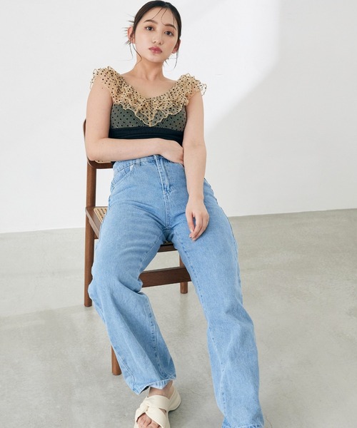 水着 「swimwear/体型カバー」ドットチュールワンピーススイムウェア