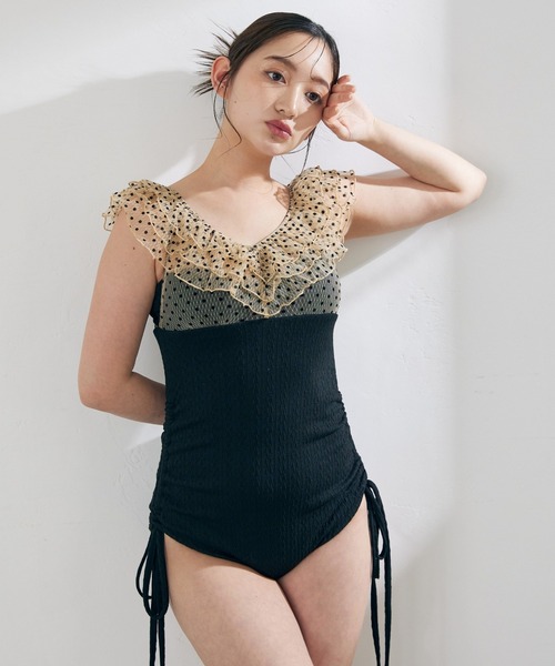 水着 「swimwear/体型カバー」ドットチュールワンピーススイムウェア