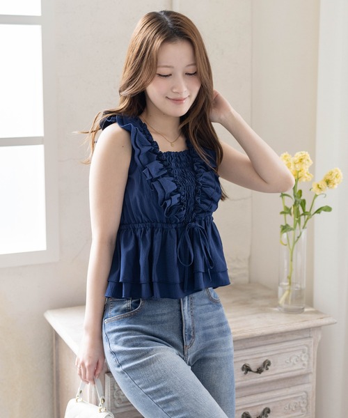 美品♡yori 半袖ペプラム カットソー ネイビー F yori 半袖カットソー 