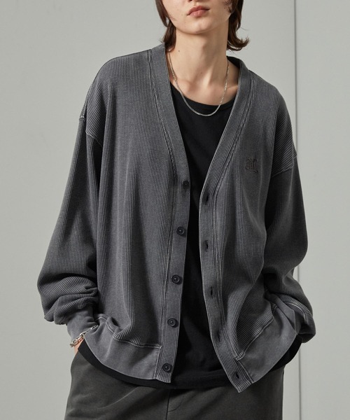 45R USモーワッフルのニットソーカーディガン 現行タグ R刺繍 リブ カーディガン 「Alfred Alex」ヴィンテージスノーウォッシュ加工ワン