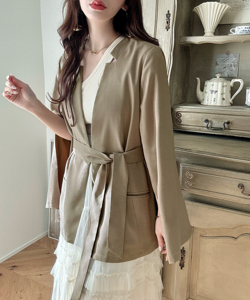 「Meiru」 ノーカラージャケット X-LARGE グレイッシュベージュ レディース_画像2