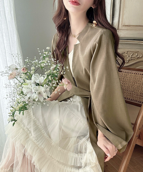 「Meiru」 ノーカラージャケット X-LARGE グレイッシュベージュ レディース_画像6