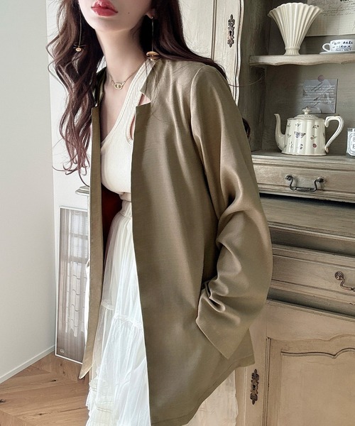 「Meiru」 ノーカラージャケット X-LARGE グレイッシュベージュ レディース_画像8