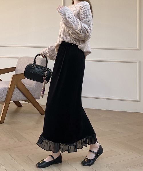 Diosfront スカート バックスリットフリル切替ベロアスカート