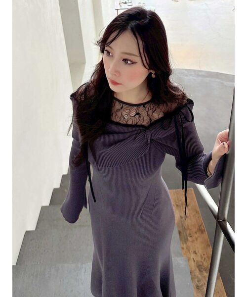 近年✨ダイアグラム レース切替ニットワンピース レース ７分袖 36 MERCURYDUO（マーキュリーデュオ） ワンピース レース切替オフショル