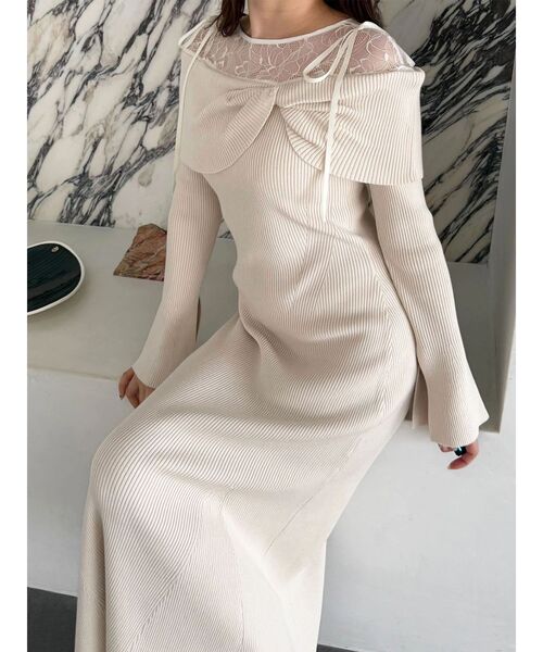 マーキュリーデュオ　レース切替オフショルニットワンピース MERCURYDUO（マーキュリーデュオ） ワンピース レース切替オフショル