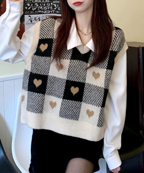ReRe ベスト ジレ ハート柄チェックニットベスト レディース