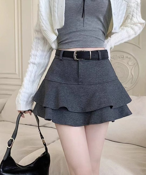leune（ルネ） スカート ベルト付きダンボールニット二段フリル