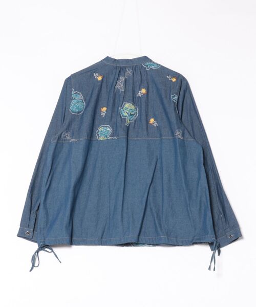 【NEW】スーパーハッカフィーユ（super hakka feuille）/[15〜19号]ライトオンスデニム ローズスケッチ刺繍スタンドカラーブラウス SUPER HAKKA（スーパーハッカ） ブラウス シャツ ライトオンスデニム