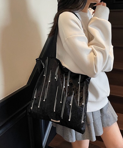c.u.l トートバッグ A4収納可 ベロア調 パール付き トートバッグ