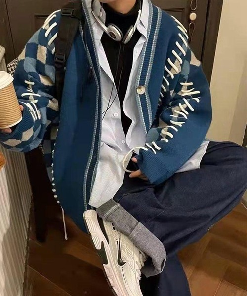 「WESTSEA」 ニットカーディガン L ブルー メンズ_画像7