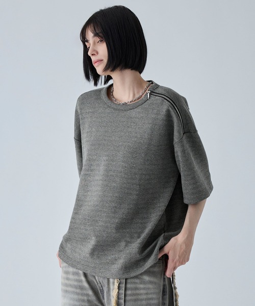 VELNUS tシャツ 「VELNUS」Shoulder Zip Melange Ribbed Knit Short