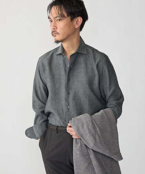 シャツ SHIPS: ウォッシュド リネン ワンピースカラー ソリッド シャツ メンズの画像