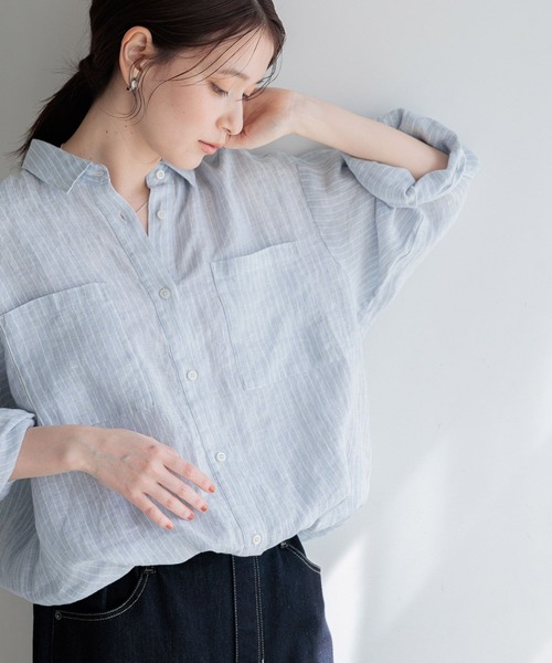 美品！カタログ掲載大人気商品！någonstans ストライプ　リネン混シャツ レギュラーカラー コットン リネン ストライプシャツ