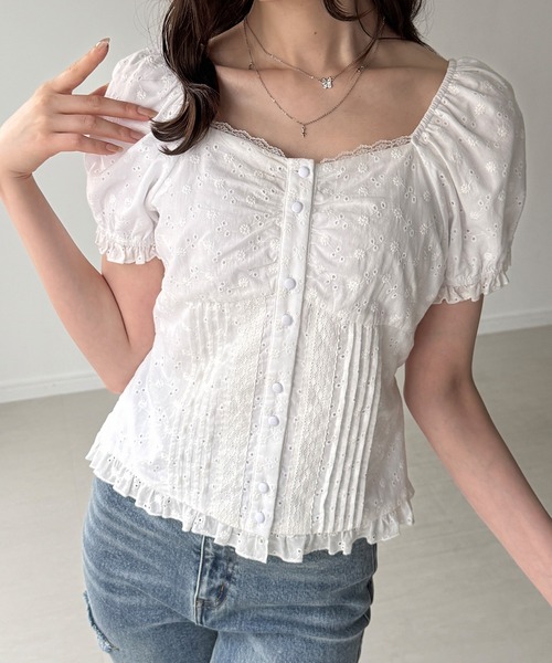 JUNOAH（ジュノア） ブラウス シャツ 半袖 レースフリルピンタック 