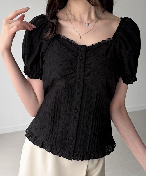 JUNOAH（ジュノア） ブラウス シャツ 半袖 レースフリルピンタック
