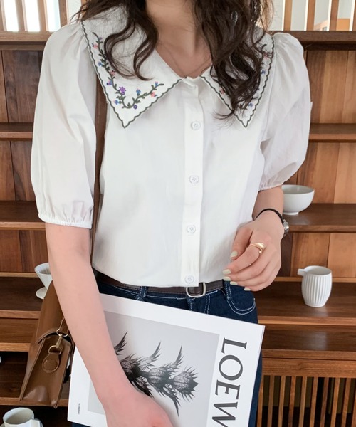 Diosfront シャツ ブラウス 刺繍衿付デザインパフスリーブシャツ