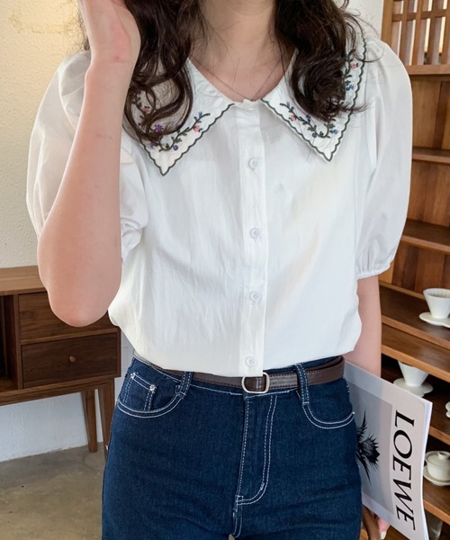 Diosfront シャツ ブラウス 刺繍衿付デザインパフスリーブシャツ