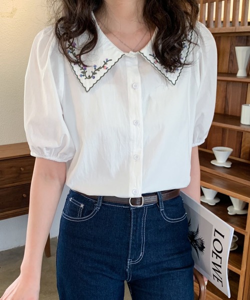 Diosfront シャツ ブラウス 刺繍衿付デザインパフスリーブシャツ