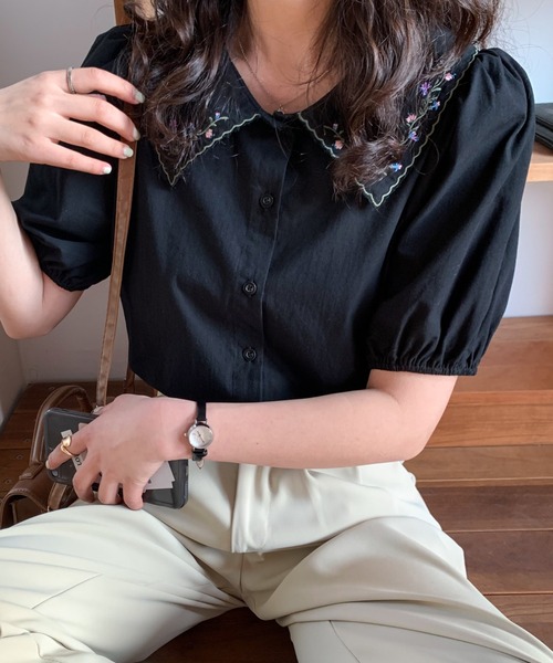 Diosfront シャツ ブラウス 刺繍衿付デザインパフスリーブシャツ