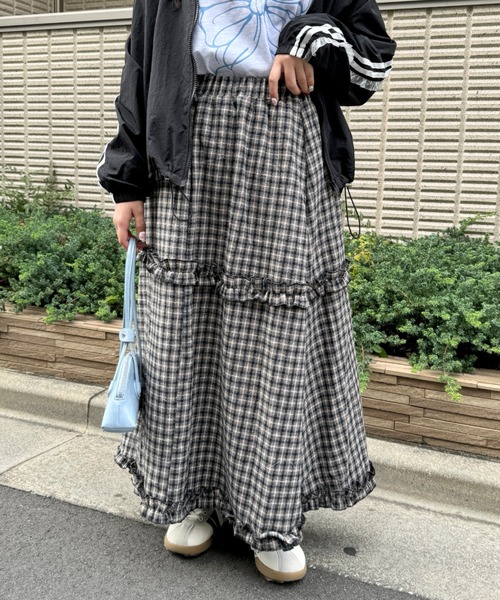 SOLLON.（ソルロン） スカート チェック柄フリルティアードロング